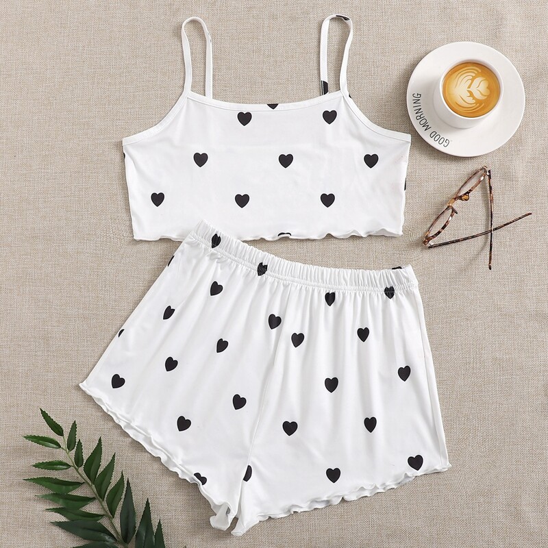 

Heart Print Lettuce Trim Cami PJ Set, White