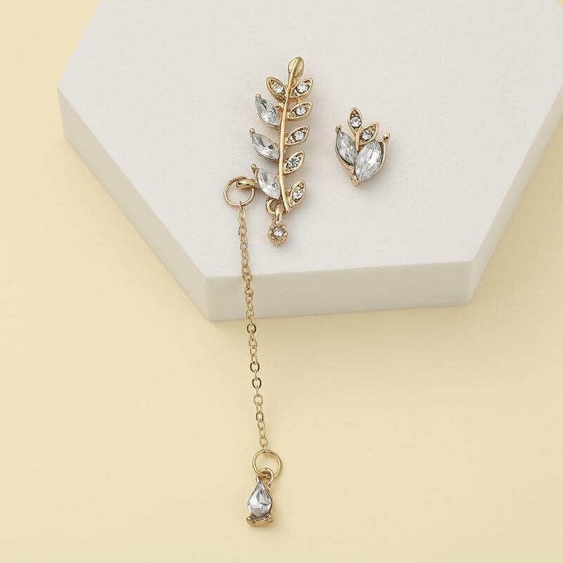 

1pair Chain Linked Rhinestone Leaf Earrings, Gold