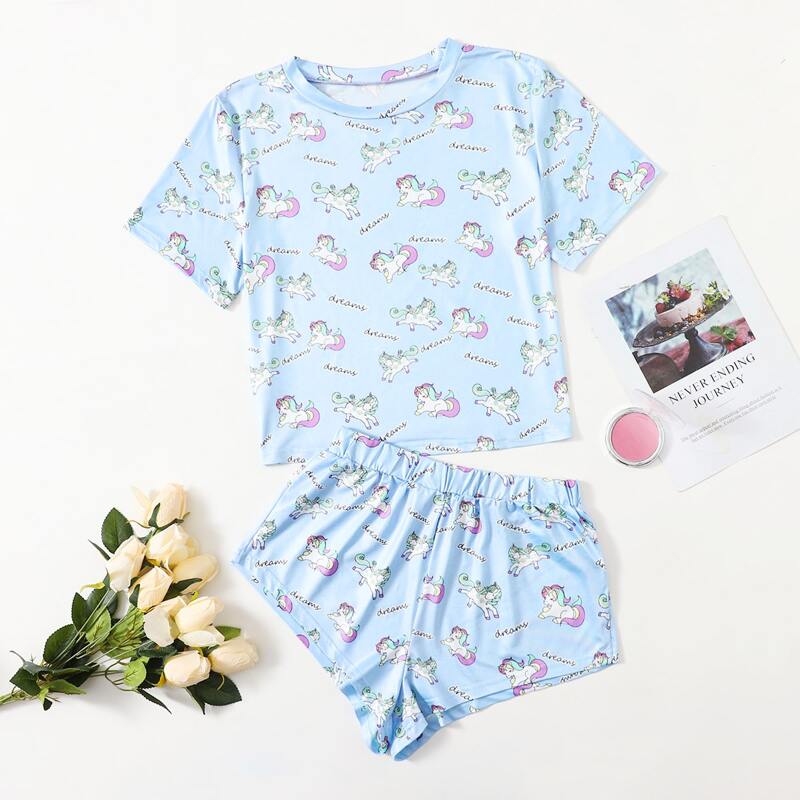 

Cartoon Unicorn And Letter Graphic PJ Set, Baby blue