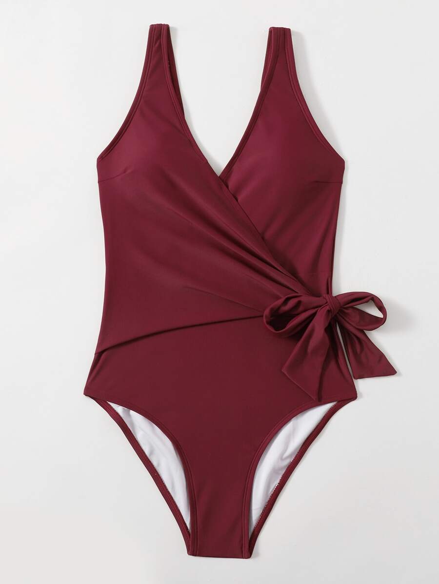 Summer Knot Waist One Piece Swimsuit - Burgundy - View 1