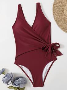 Summer Knot Waist One Piece Swimsuit - Burgundy - View 3