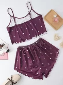 Polka Dot Lettuce Trim Cami PJ Set - Purple - View 2