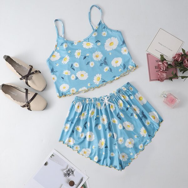 

Floral Print Lettuce Trim Cami PJ Set, Baby blue