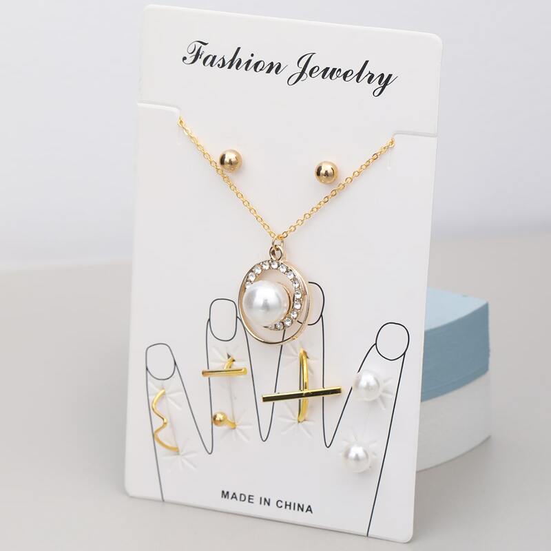 

1pc Faux Pearl Pendant Necklace & 2pairs Stud Earrings & 3pcs Ring, Gold