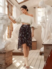 SHEIN Balloon Sleeve Crop Top - Beige - View 1