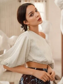 SHEIN Balloon Sleeve Crop Top - Beige - View 2