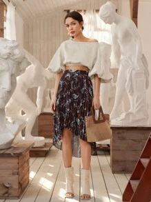 SHEIN Balloon Sleeve Crop Top - Beige - View 3