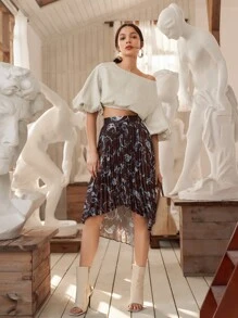 SHEIN Balloon Sleeve Crop Top - Beige - View 4