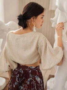 SHEIN Balloon Sleeve Crop Top - Beige - View 5