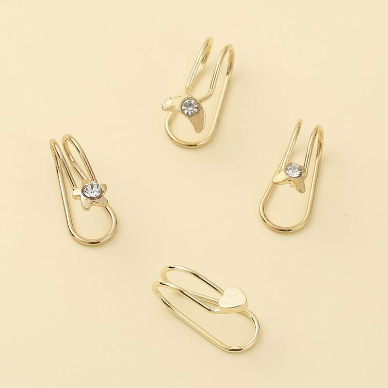 

4pcs Rhinestone Decor Ear Cuff, Gold