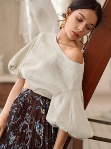 SHEIN Balloon Sleeve Crop Top - Beige - View 7