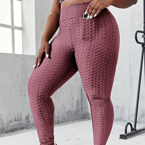 

Plus Textured Wideband Waist Sports Leggings With Phone Pocket, Pink