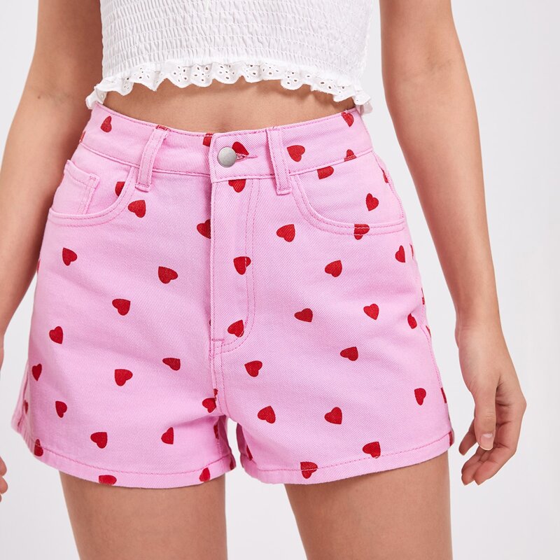 

Slant Pocket Heart Print Denim Shorts, Pastel baby pink