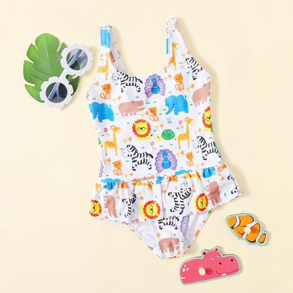 

Toddler Girls Cartoon Graphic One Piece Swimsuit, Multicolor