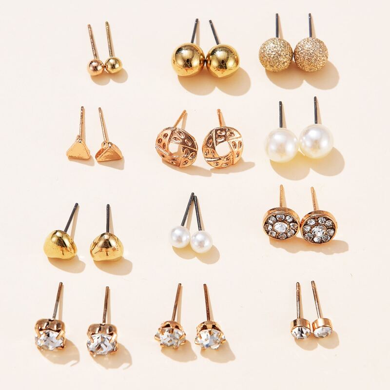 

12pairs Rhinestone Earring Set, Gold
