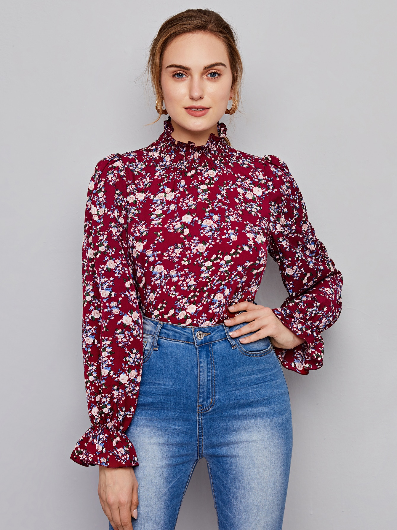 Shirred High Neck Flounce Sleeve Allover Floral Print Top thumbnail
