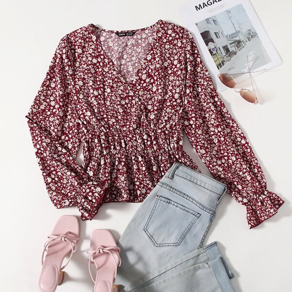 

Ditsy Floral Surplice Neck Flounce Sleeve Peplum Top, Red and white