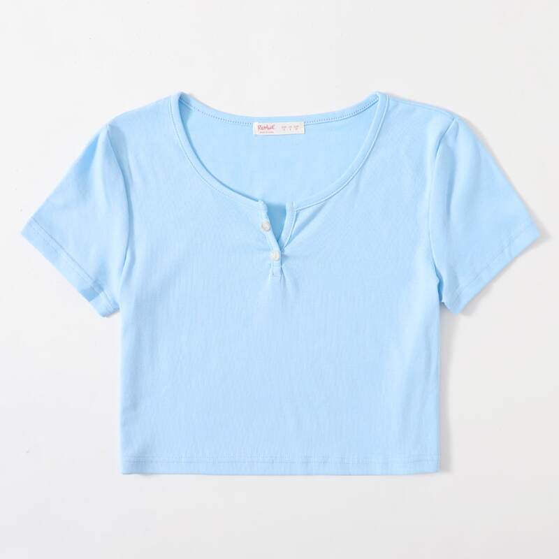 

Solid Button Notched Crop Tee, Baby blue