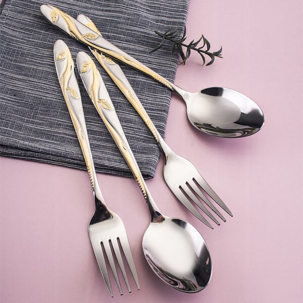 

2pcs Leaf Embossed Spoon & Fork Set, Silver