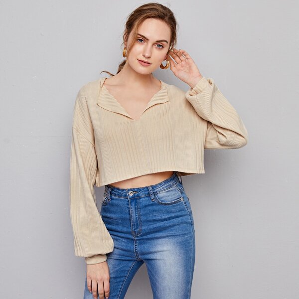

Collar Drop Shoulder Crop Tee, Apricot