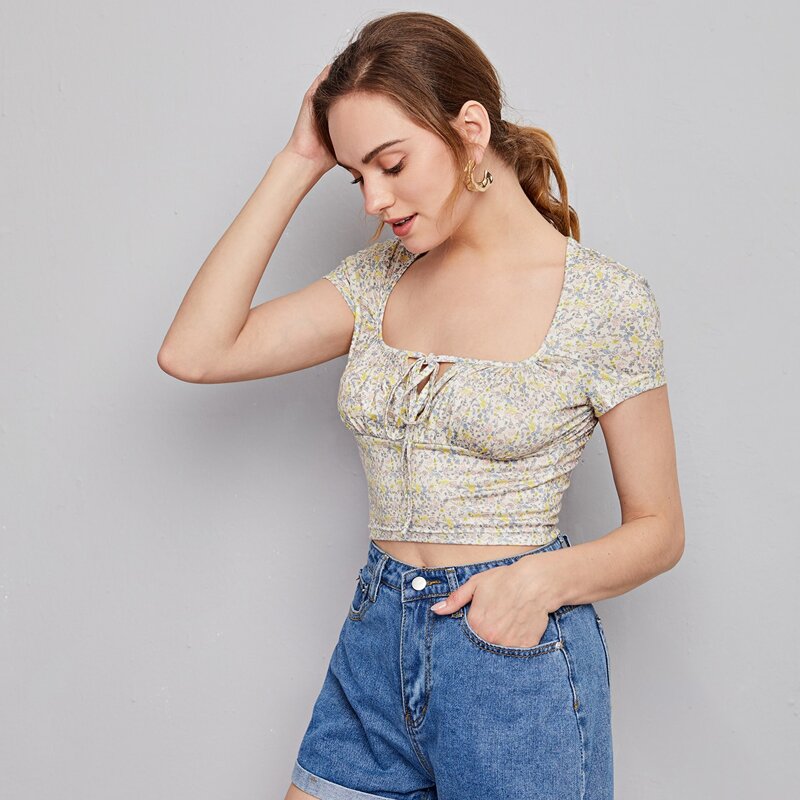 

Ditsy Floral Ruched Self-Tie Crop Top, Multicolor