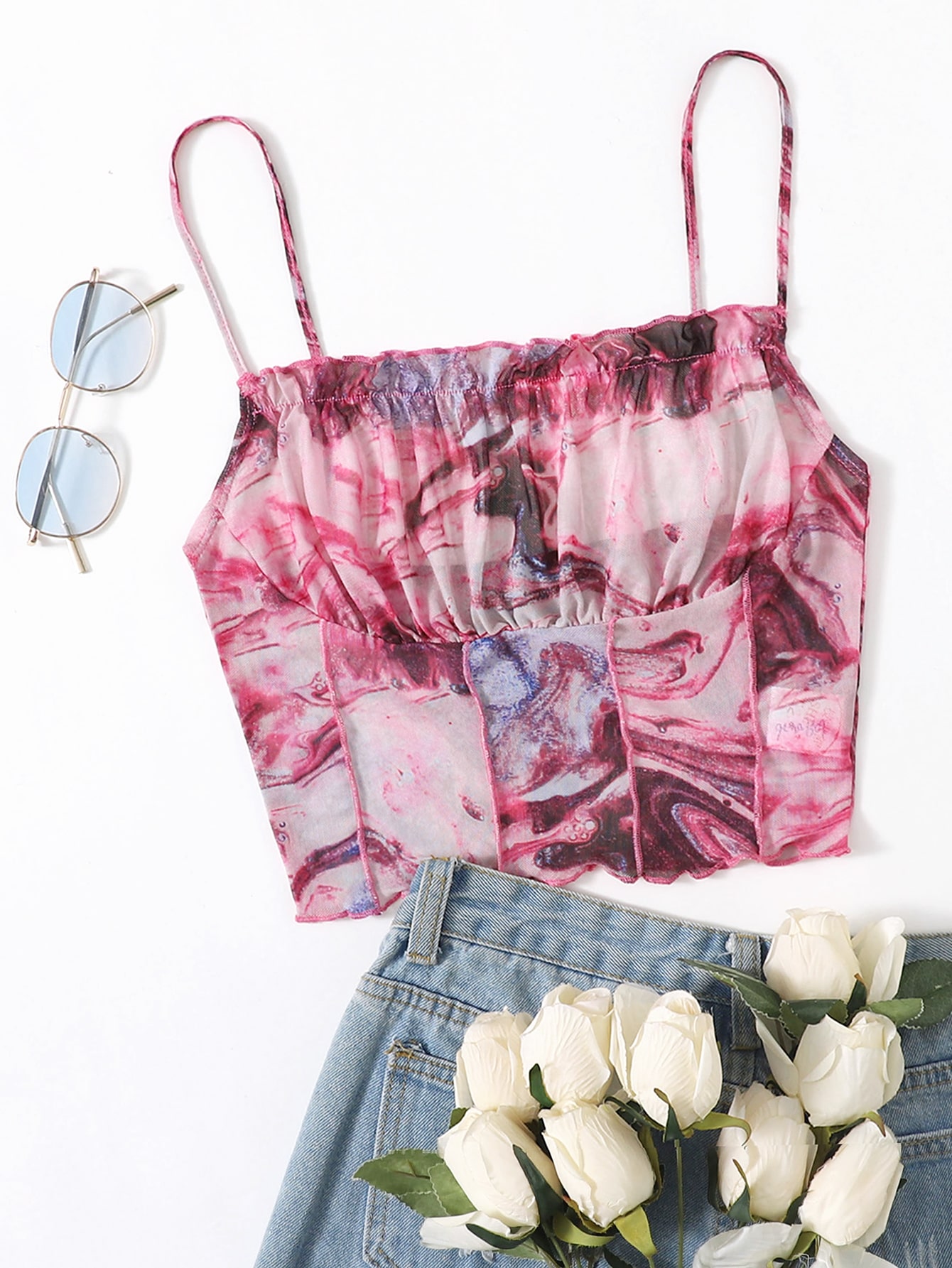 Lettuce Trim Ruched Bust Mable Print Mesh Cami Top thumbnail