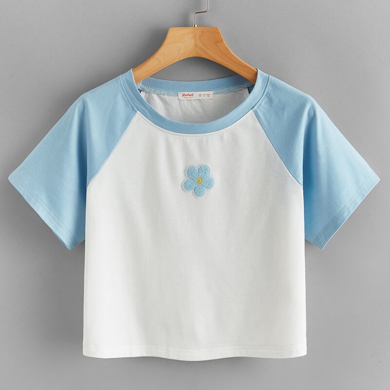 

Floral Applique Crop Tee, Blue and white
