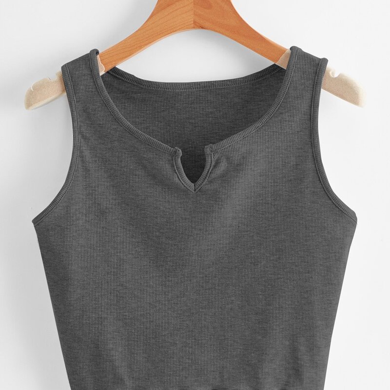 

Solid Notched Lettuce Trim Tank Top, Dark grey
