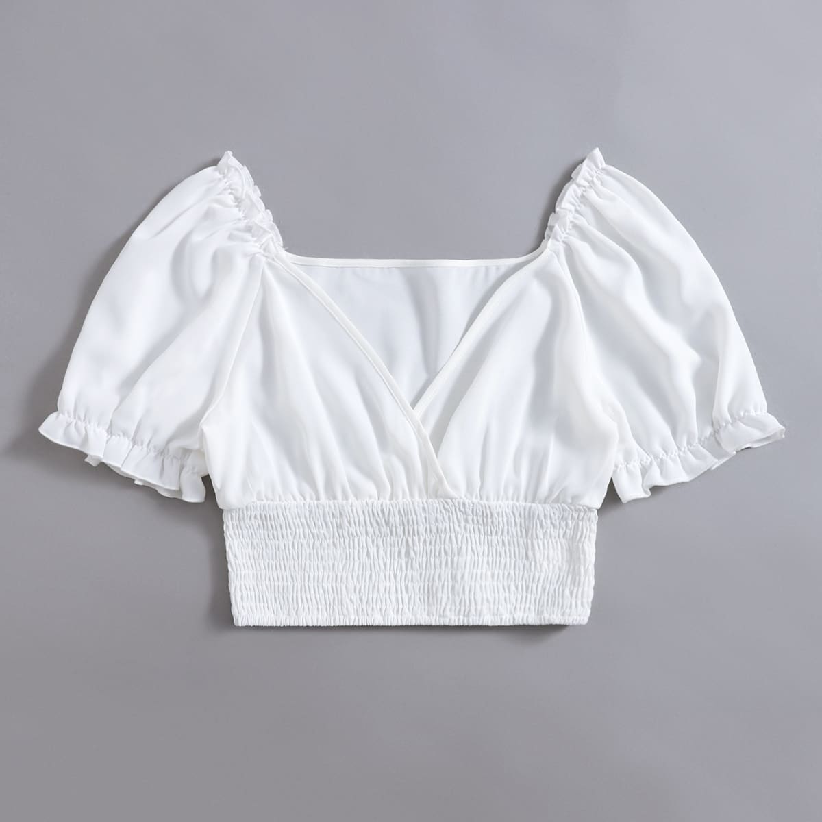 

Solid Shirred Wrap Crop Blouse, White