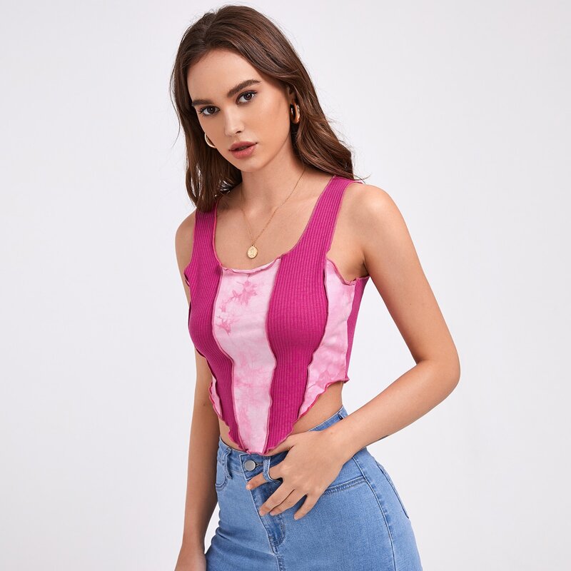 

Tie Dye Panel Lettuce Trim Asymmetrical Hem Tank Top, Pink
