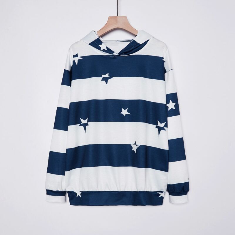 

Star Print Striped Hoodie, Blue and white