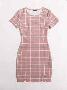 SHEIN Essnce m形開衩下擺格紋圖案包臀連衣裙 - 藕粉色 - 查看 4