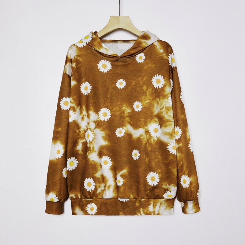 

Tie Dye Daisy Floral Print Hoodie, Mustard yellow