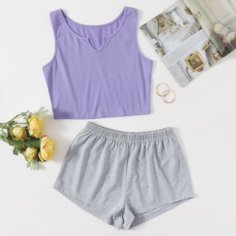 

Two Tone Tank Top & Shorts PJ Set, Multicolor