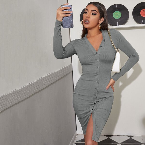 

Button Front Rib-knit Pencil Dress, Grey