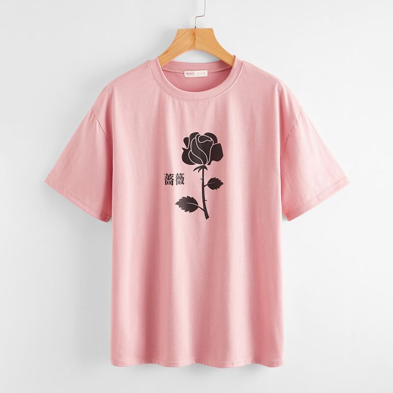 

Flower Graphic Drop Shoulder Tee, Dusty pink