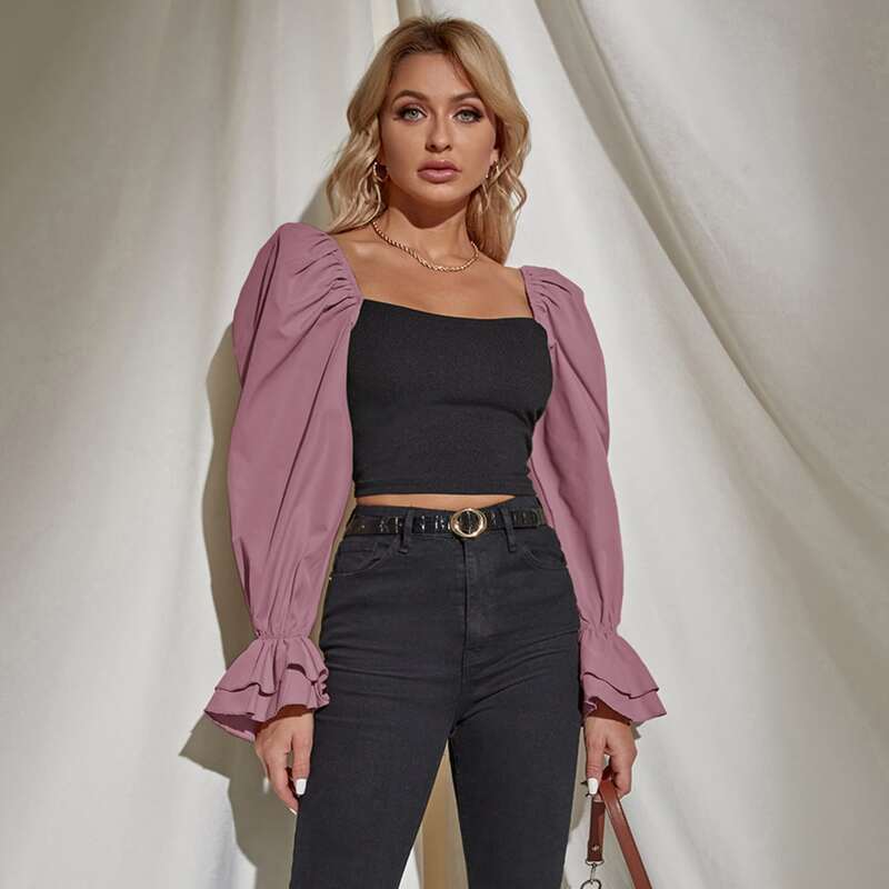 

Bell Sleeve Colorblock Crop Top, Multicolor