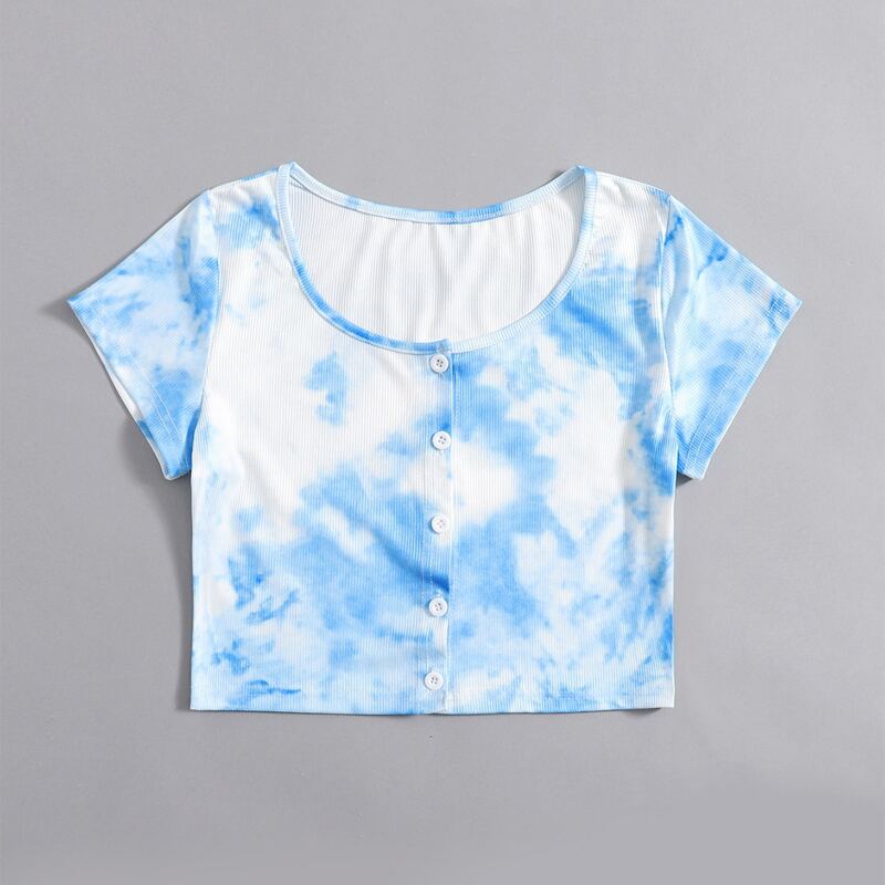 

Tie Dye Button Front Crop Tee, Blue and white