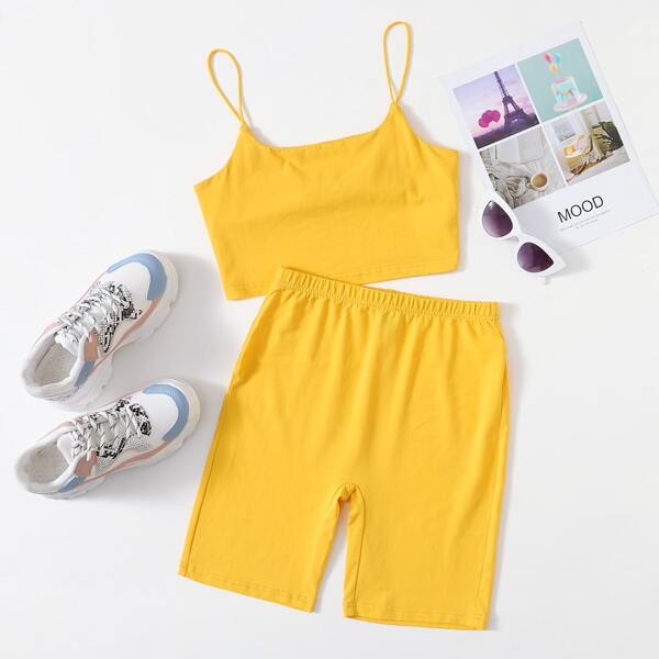 

Solid Cami Top & Biker Shorts Set, Yellow