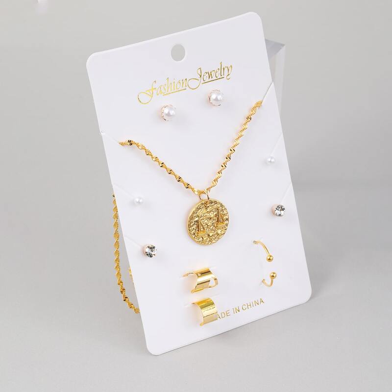 

10pcs Faux Pearl & Coin Jewelry Set, Gold