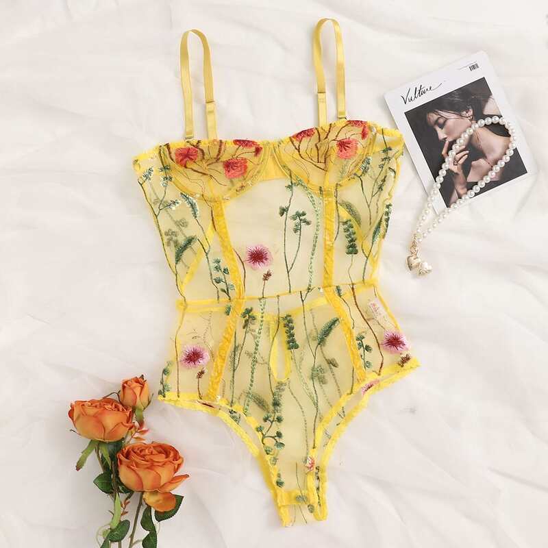 

Floral Embroidery Underwire Mesh Teddy Bodysuit, Yellow