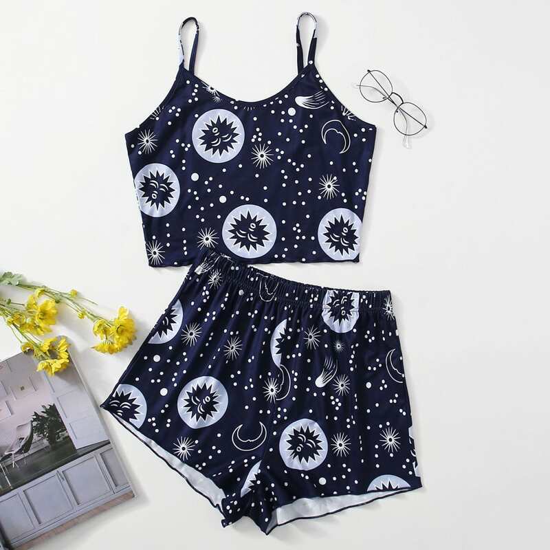 

Sun & Moon Print Cami PJ Set, Blue and white