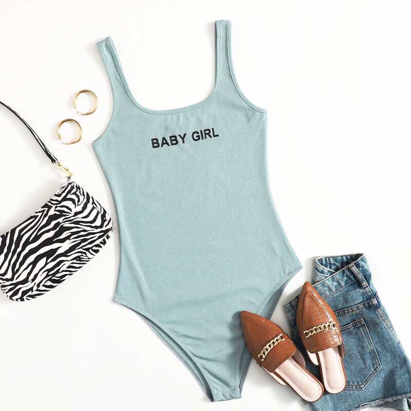 

Letter Graphic Tank Bodysuit, Mint green