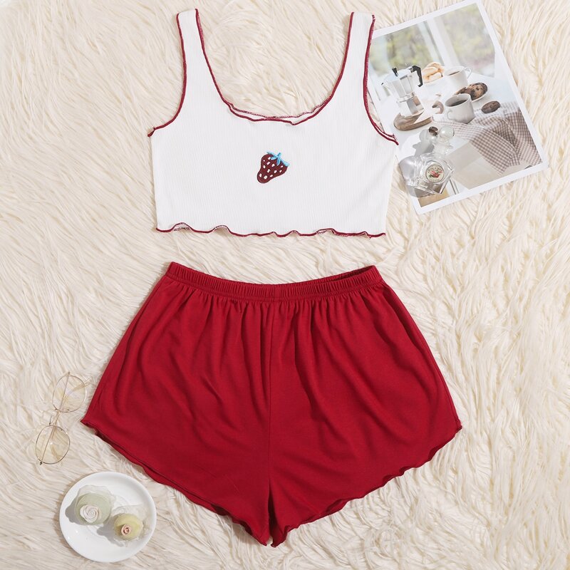 

Strawberry Embroidery Lettuce Trim PJ Set, Red and white