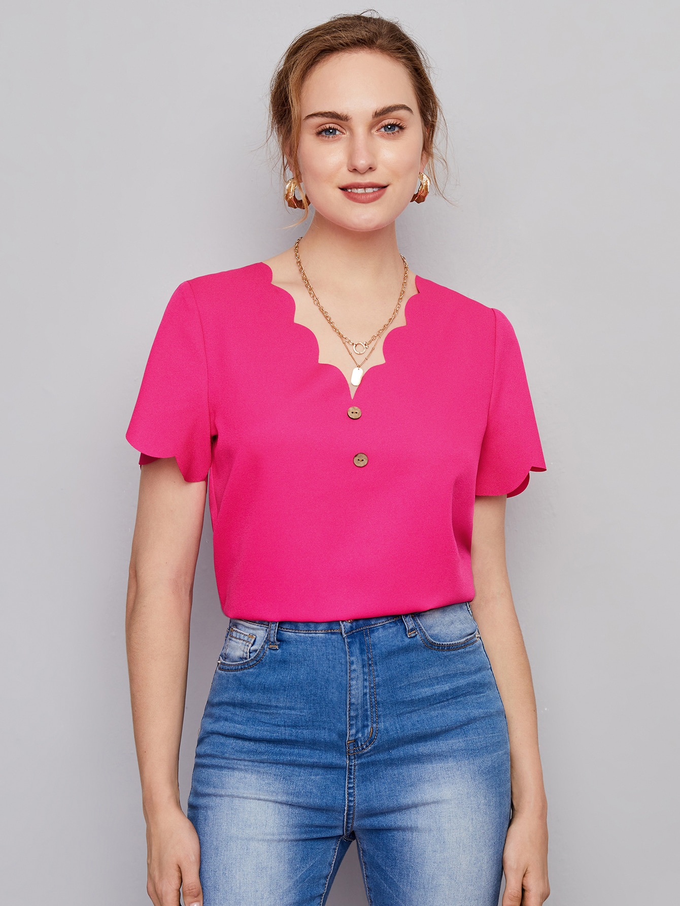 Neon Pink Scallop Trim Buttoned Front Top thumbnail