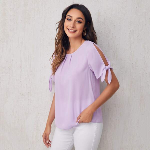 

Solid Self-Tie Split Sleeve Top, Lilac purple
