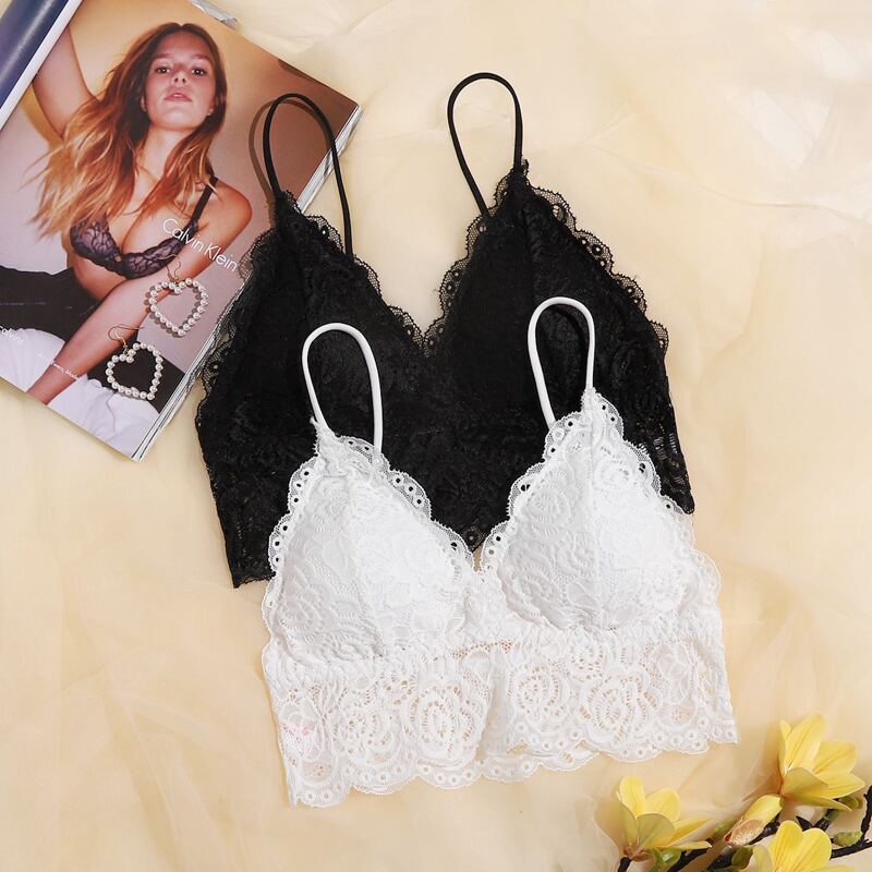 

2pack Floral Lace Triangle Bralette, Black and white