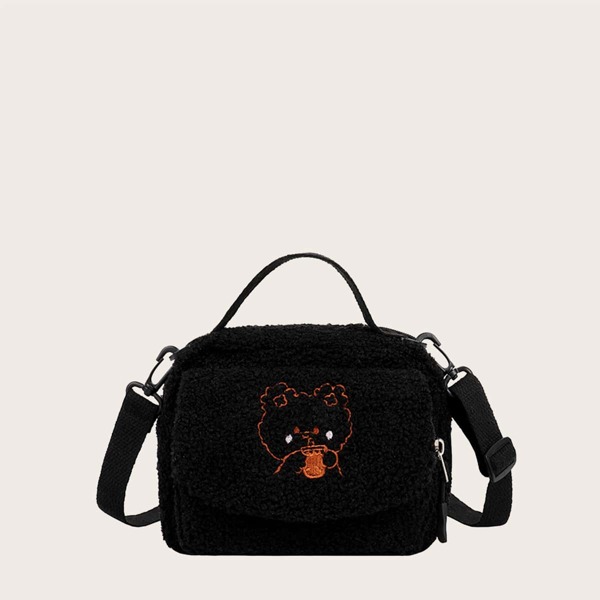 

Girls Cartoon Embroidered Satchel Bag, Black