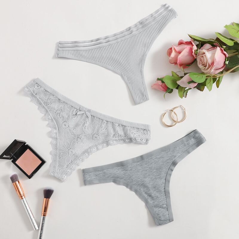 

3pack Floral Lace & Ribbed Panty Set, Grey