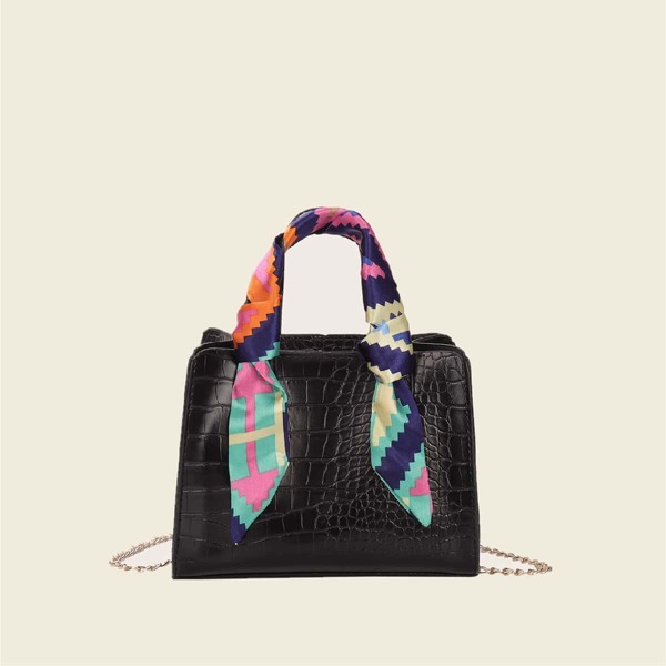 

Twilly Scarf Decor Croc Embossed Satchel Bag, Black